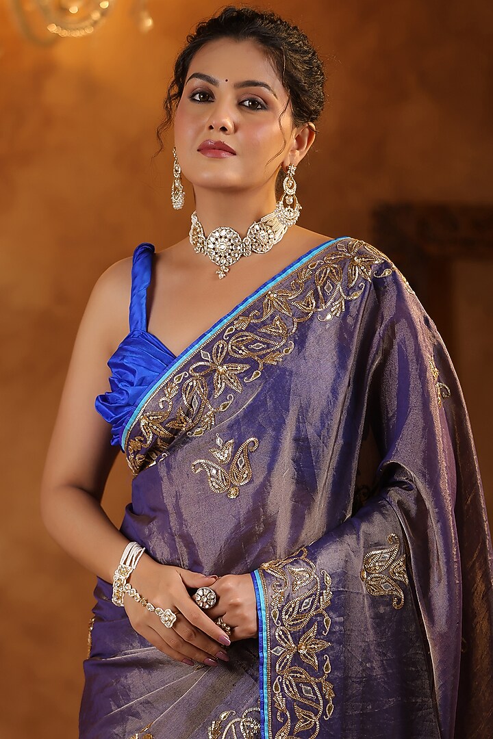 Purple Katan Silk Tissue Gota Work Reception Saree Set by Ritu Surana at Pernia's Pop Up Shop