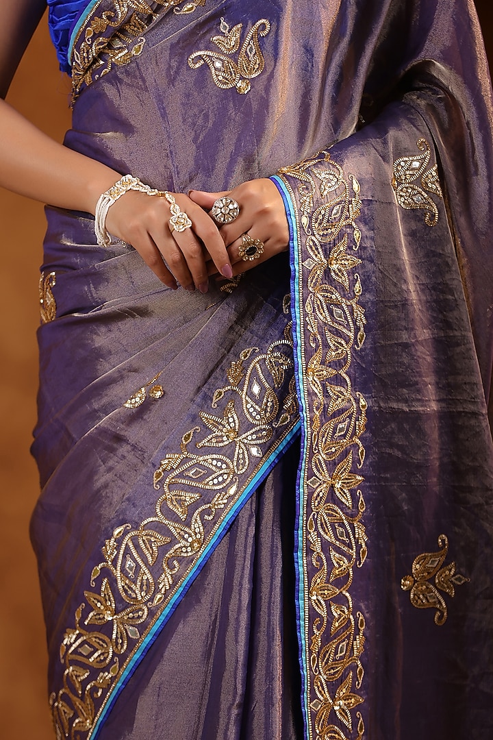 Purple Katan Silk Tissue Gota Work Reception Saree Set by Ritu Surana at Pernia's Pop Up Shop