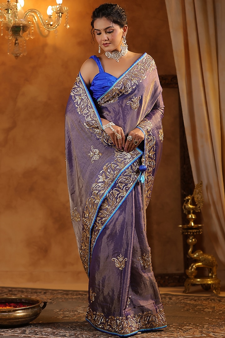 Purple Katan Silk Tissue Gota Work Reception Saree Set by Ritu Surana at Pernia's Pop Up Shop