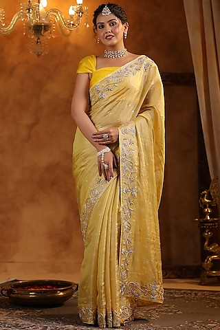 Bright Yellow Katan Silk Tissue Zardosi Work Saree Set by Ritu Surana