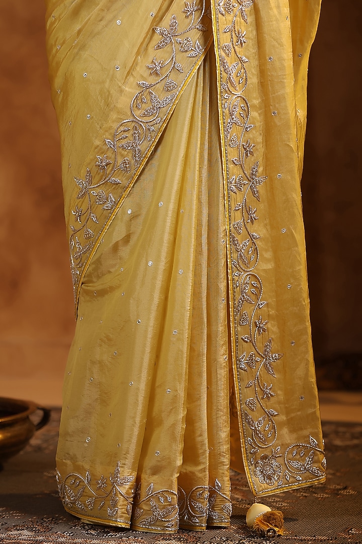 Bright Yellow Katan Silk Tissue Zardosi Work Reception Saree Set by Ritu Surana at Pernia's Pop Up Shop