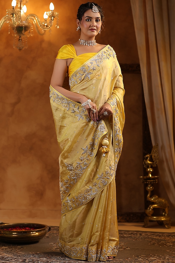 Bright Yellow Katan Silk Tissue Zardosi Work Reception Saree Set by Ritu Surana at Pernia's Pop Up Shop
