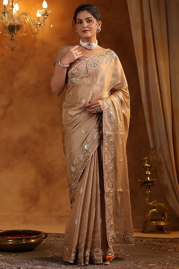 Bronze Katan Silk Tissue Gota Patti Embroidered Saree Set by Ritu Surana at Pernia's Pop Up Shop