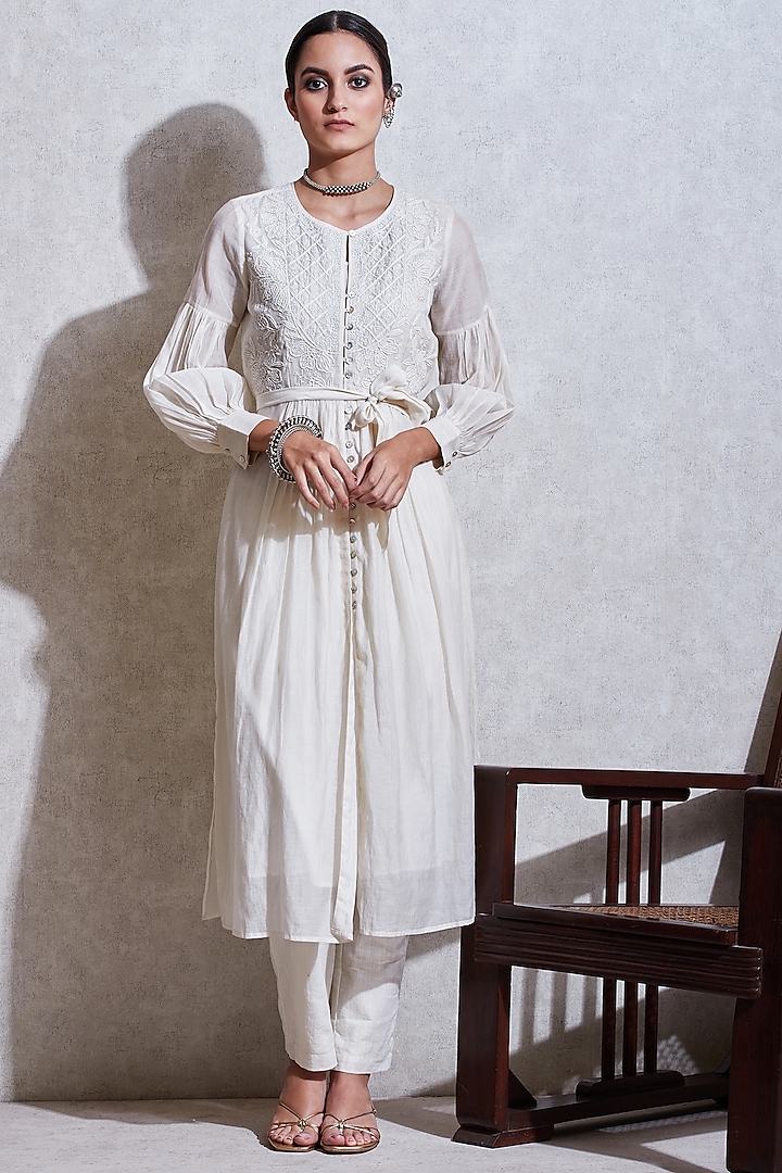 Off White Embroidered Kurta Dress With Pants & Inner by Ritu Kumar