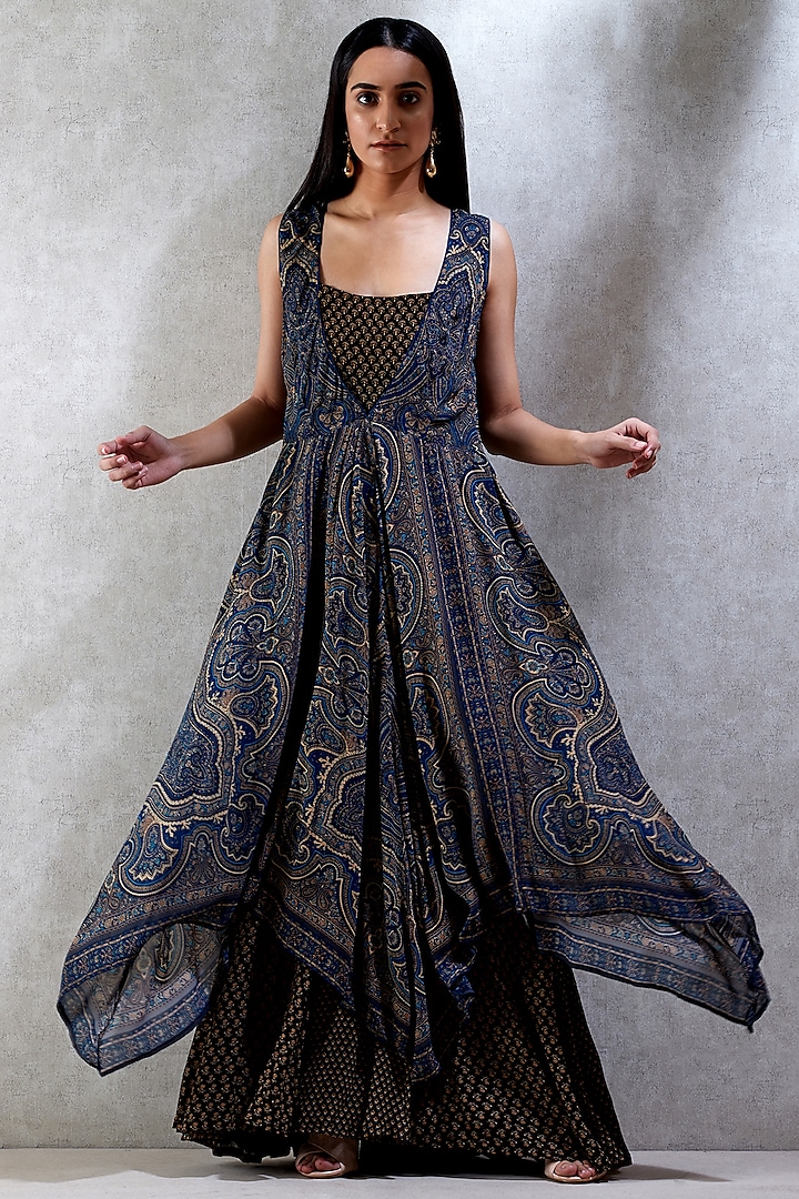 Indigo Blue & Beige Printed Dress With Inner by Ritu Kumar