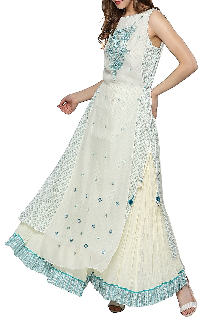 White & Blue Embroidered Printed Kurta With Skirt Design by Ritu Kumar ...