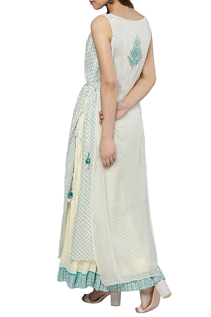 White & Blue Embroidered Printed Kurta With Skirt by Ritu Kumar at Pernia's Pop Up Shop