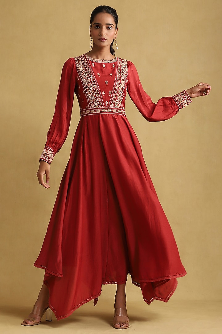 Rust Viscose Linen Embroidered Dress by Ritu Kumar
