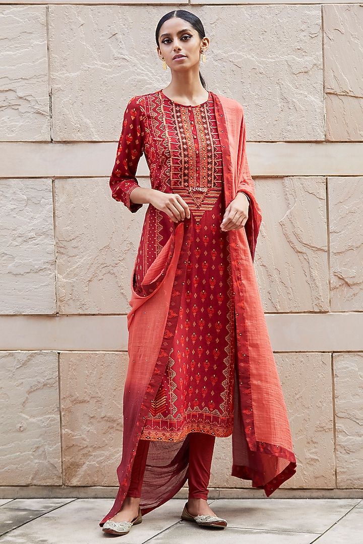 Rust Printed Kurta Set