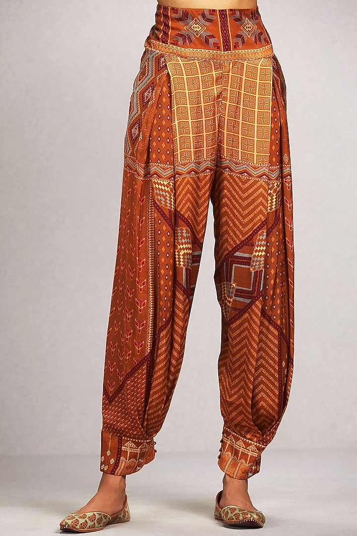 Taupe Printed Dhoti Pants by Ritu Kumar at Pernia's Pop Up Shop