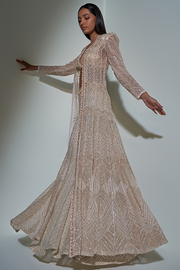 Chrome Gold Crepe Embroidered Bridal Sharara Set by Ritika Mirchandani at Pernia's Pop Up Shop