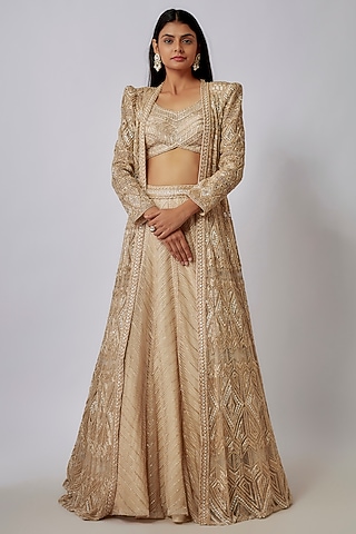 Beige Net & Double Georgette Hand Embroidered Jacket Lehenga Set by Ritika Mirchandani