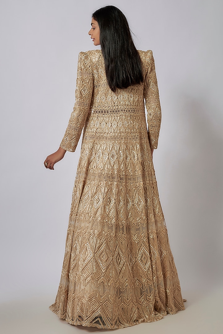 Beige Net & Double Georgette Hand Embroidered Jacket Bridal Lehenga Set by Ritika Mirchandani at Pernia's Pop Up Shop