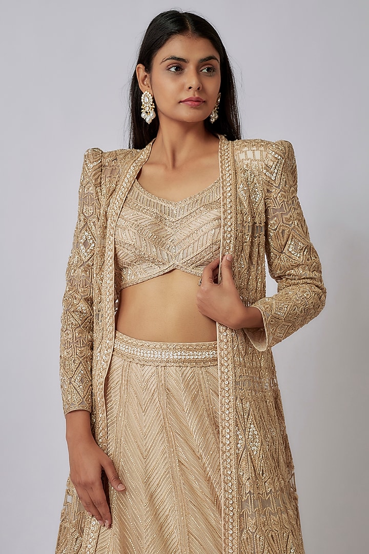 Beige Net & Double Georgette Hand Embroidered Jacket Bridal Lehenga Set by Ritika Mirchandani at Pernia's Pop Up Shop