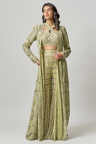 Olive Green Crepe Cutwork & Sequins Embroidered Sharara Set by Ritika Mirchandani