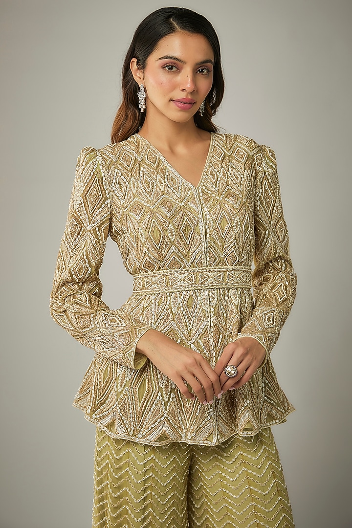 Gold Net Embroidered Bridal Sharara Set by Ritika Mirchandani at Pernia's Pop Up Shop
