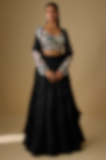 Black Double Georgette Cascade Bridal Lehenga Set by Ritika Mirchandani at Pernia's Pop Up Shop