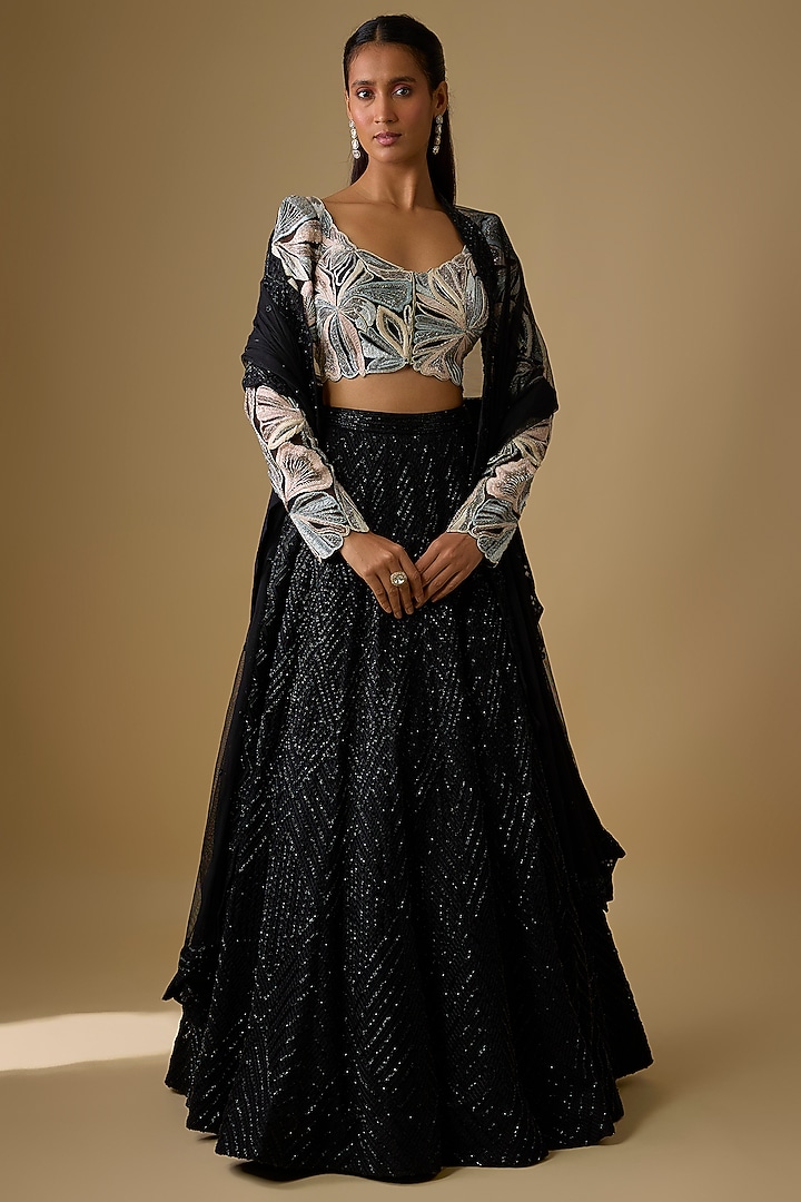 Black Double Georgette Cascade Bridal Lehenga Set by Ritika Mirchandani at Pernia's Pop Up Shop