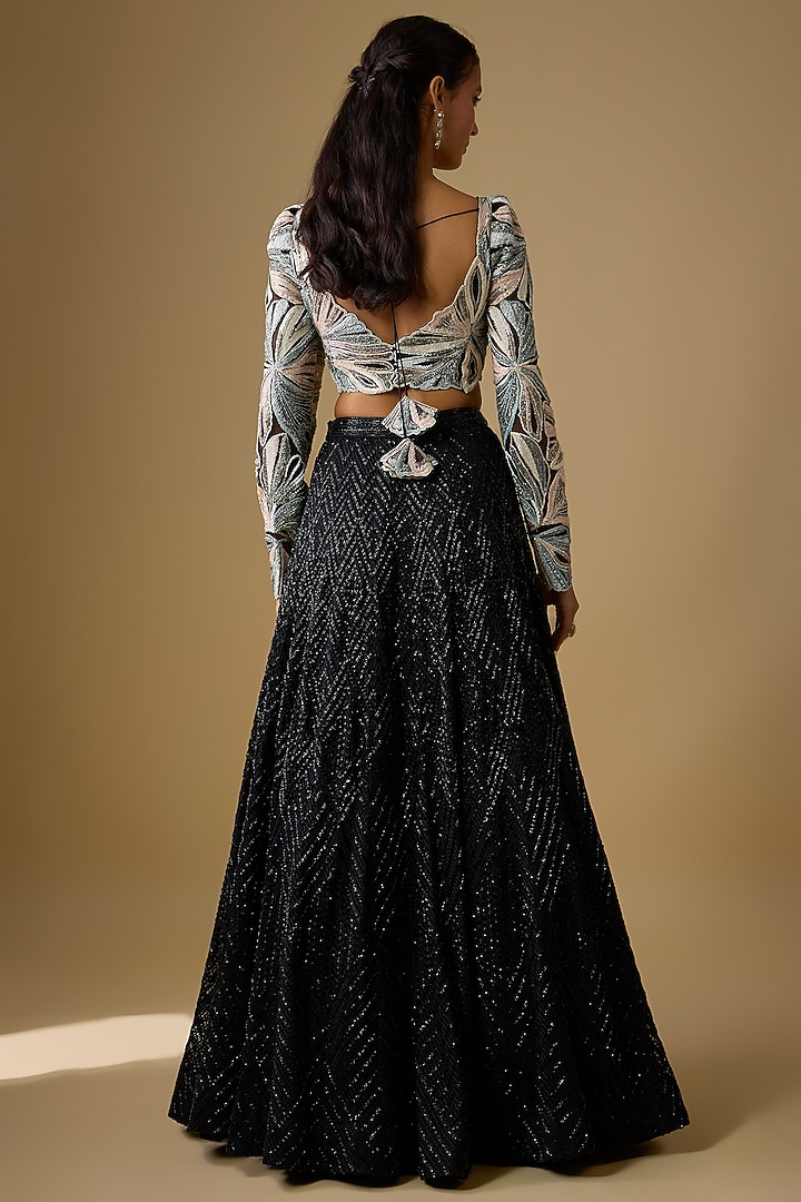 Black Double Georgette Cascade Bridal Lehenga Set by Ritika Mirchandani at Pernia's Pop Up Shop