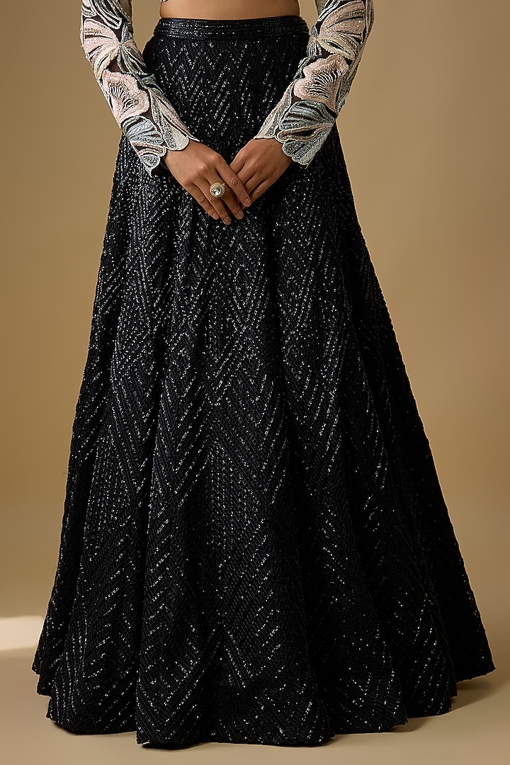 Black Double Georgette Cascade Bridal Lehenga Set by Ritika Mirchandani at Pernia's Pop Up Shop