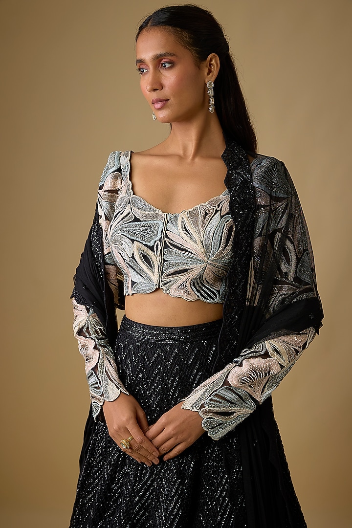 Black Double Georgette Cascade Bridal Lehenga Set by Ritika Mirchandani at Pernia's Pop Up Shop