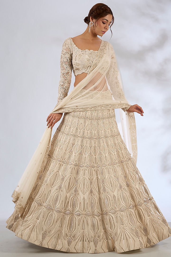 Ivory & Gold Crepe Crystal Embroidered Bridal lehenga for 22 Lehenga Set by Ritika Mirchandani at Pernia's Pop Up Shop