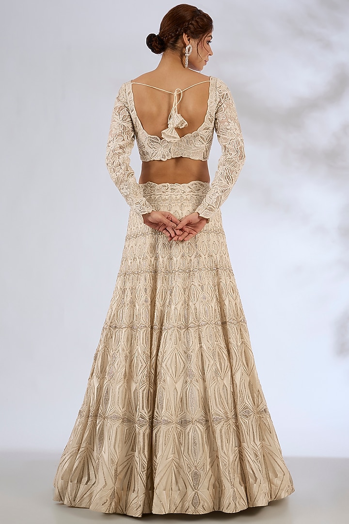 Ivory & Gold Crepe Crystal Embroidered Bridal Lehenga Set by Ritika Mirchandani at Pernia's Pop Up Shop