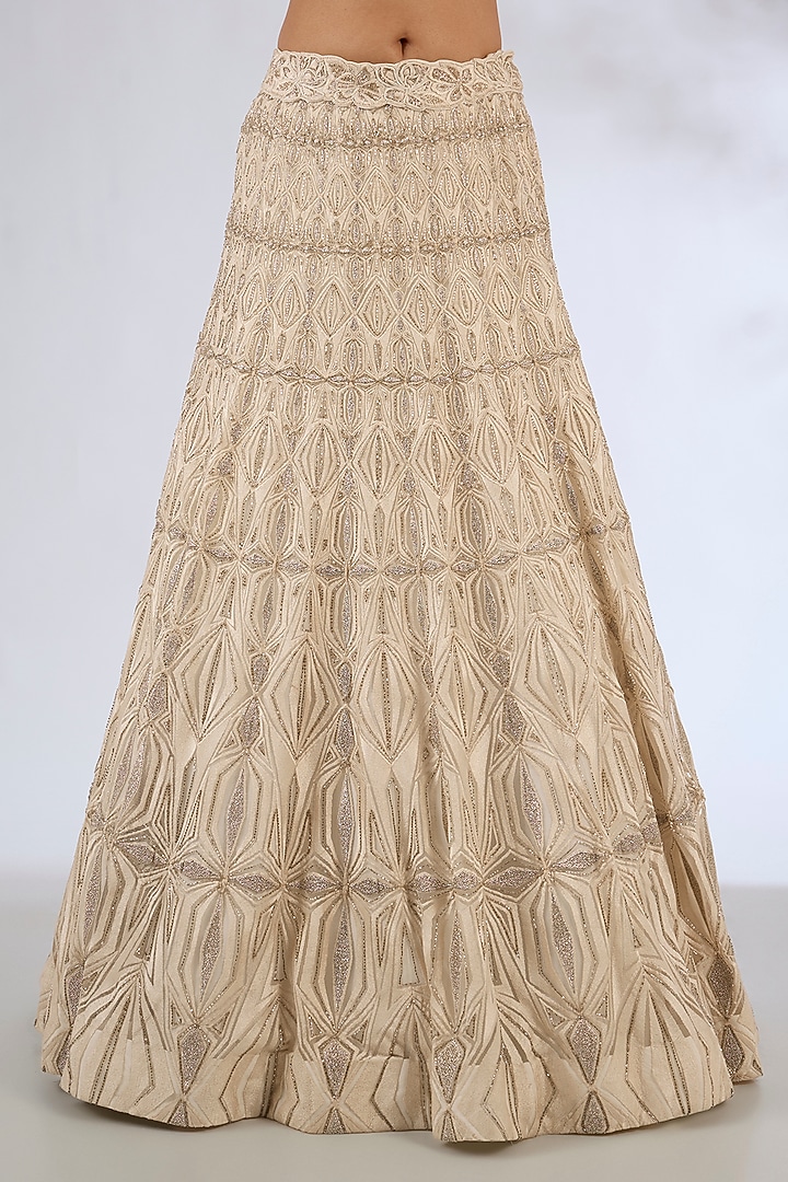 Ivory & Gold Crepe Crystal Embroidered Bridal Lehenga Set by Ritika Mirchandani at Pernia's Pop Up Shop