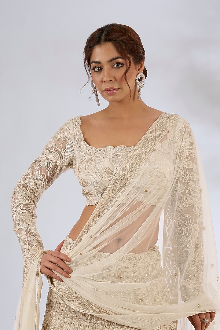 Ivory & Gold Crepe Crystal Embroidered Bridal Lehenga Set by Ritika Mirchandani at Pernia's Pop Up Shop