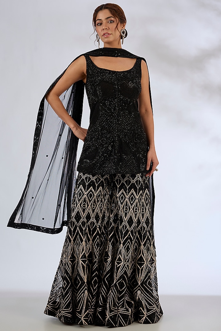 Monochrome Crepe Crystal Embroidered Bridal Sharara Set by Ritika Mirchandani at Pernia's Pop Up Shop