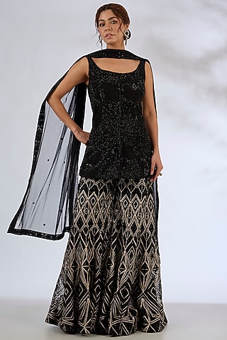 Monochrome Crepe Crystal Embroidered Sharara Set by Ritika Mirchandani