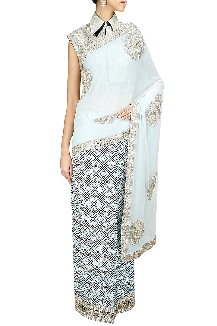 Ritika Mirchandani presents Blue and black embroidered two piece sari set with layered blouse available only at Pernia's Pop-Up Shop.