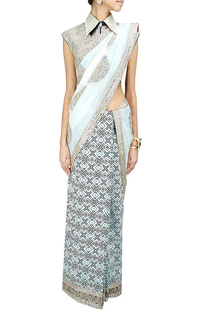Ritika Mirchandani presents Blue and black embroidered two piece sari set with layered blouse available only at Pernia's Pop-Up Shop.
