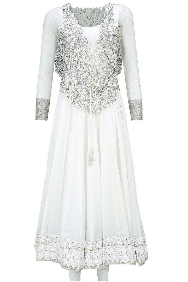 White embroidered jacket anarkali set available only at Pernia's Pop-Up Shop.