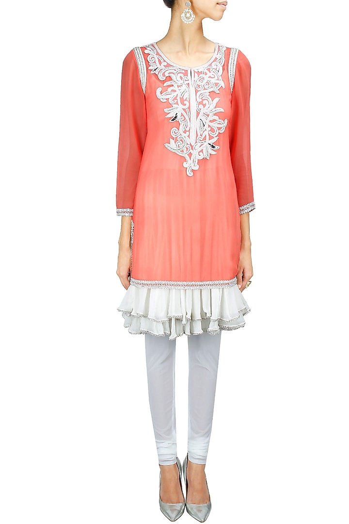 Pink and white embroidered anarkali set available only at Pernia's Pop-Up Shop.