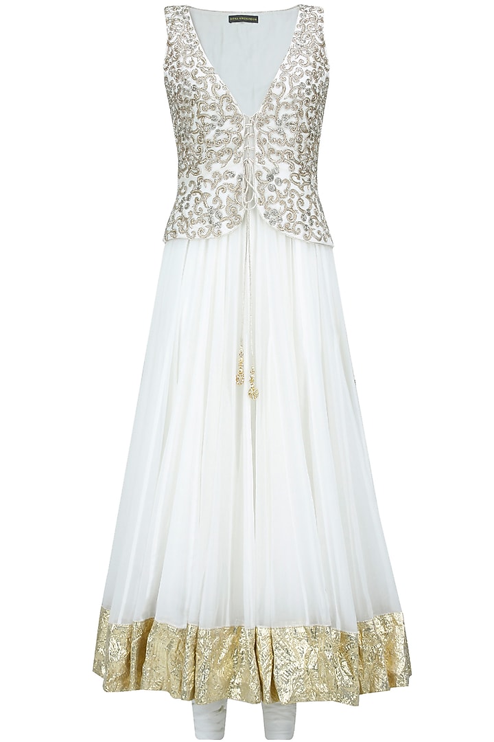 Off white embroidered peplum jacket anarkali set available only at Pernia's Pop-Up Shop.