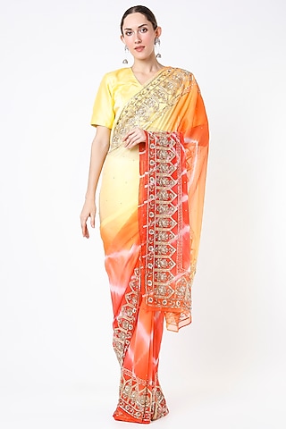 Orange & Yellow Embroidered Saree Set by Ruar
