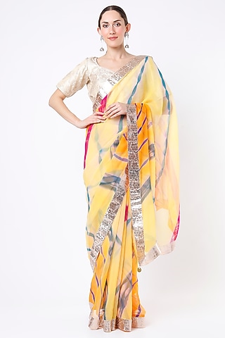 Yellow Leheriya Saree Set by Ruar