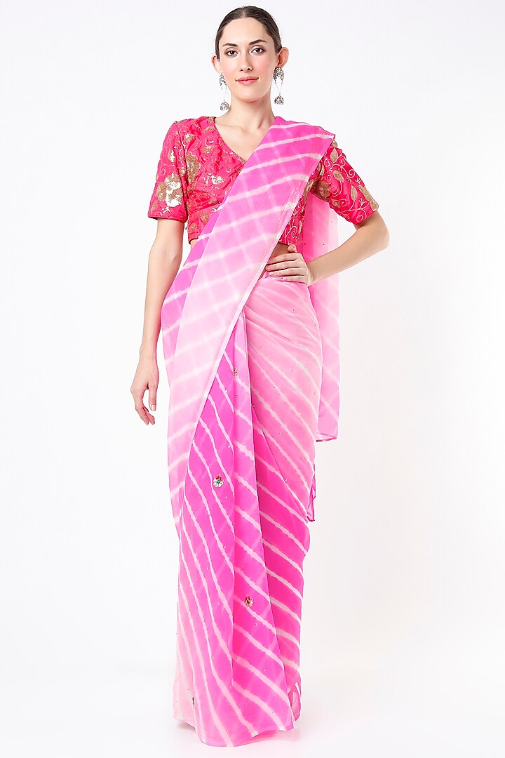 Bright Pink Hand Embroidered Saree Set by Ruar