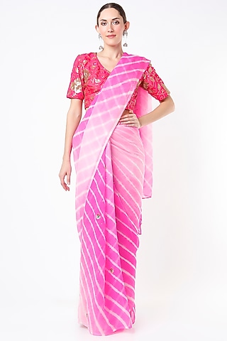 Bright Pink Hand Embroidered Saree Set by Ruar