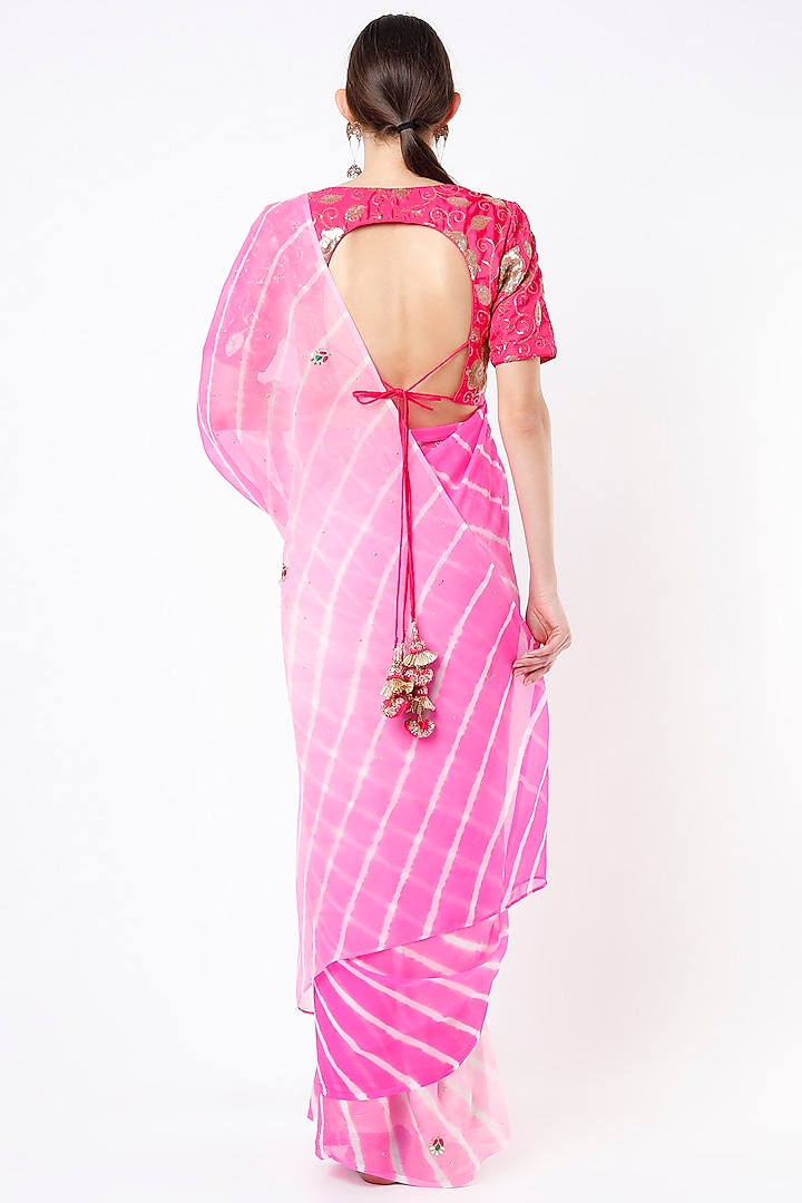 Bright Pink Hand Embroidered Party Wear Saree Set by Ruar at Pernia's Pop Up Shop