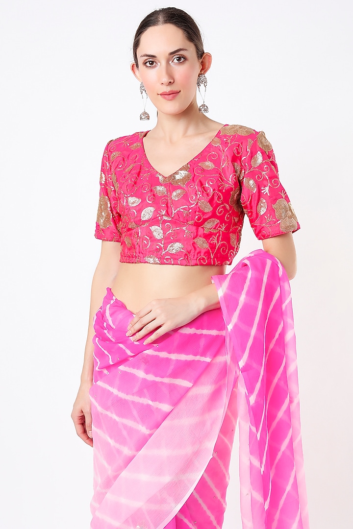 Bright Pink Hand Embroidered Party Wear Saree Set by Ruar at Pernia's Pop Up Shop