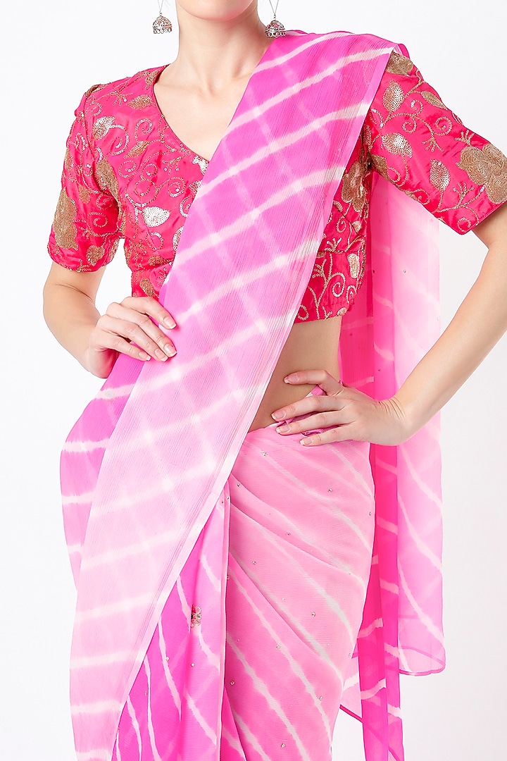 Bright Pink Hand Embroidered Party Wear Saree Set by Ruar at Pernia's Pop Up Shop