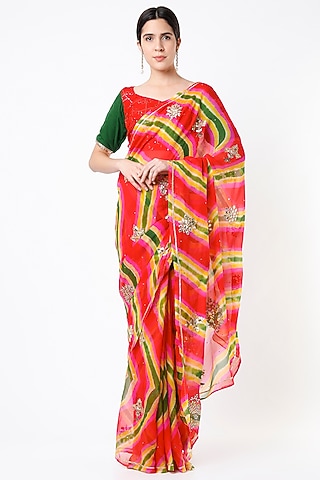 Pink & Green Leheriya Saree Set by Ruar