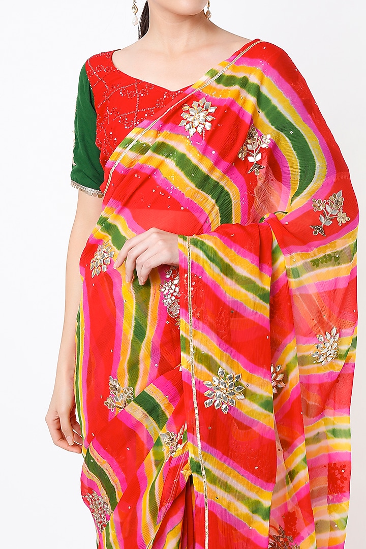 Pink & Green Leheriya Wedding Saree Set by Ruar at Pernia's Pop Up Shop
