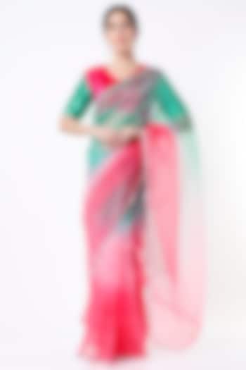 Pink & Sea Green Embroidered Saree Set by Ruar