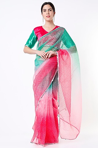 Pink & Sea Green Embroidered Saree Set by Ruar