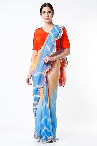 Royal Blue & Orange Leheriya Saree Set by Ruar