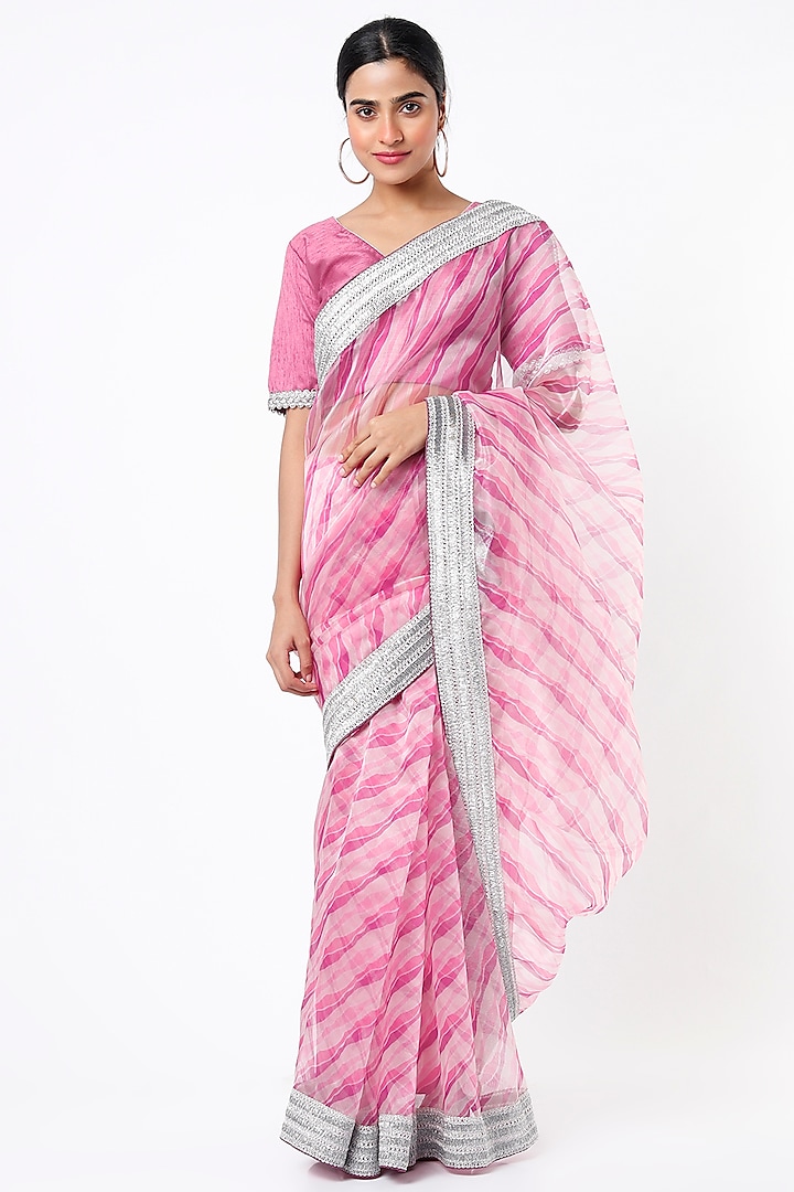 Pink Silk Leheriya Saree Set by Ruar