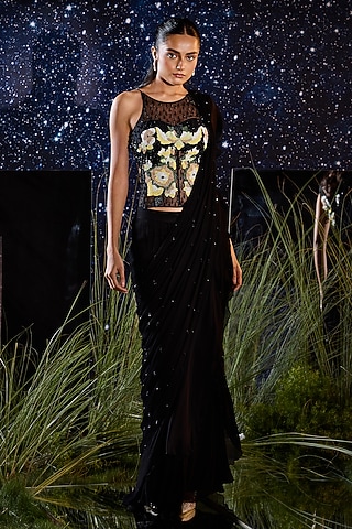 Black Chiffon & Lycra Pre-Draped Saree Set by Rouble Vohra D